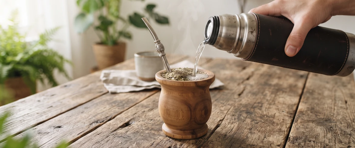 Er wordt heet water uit een thermoskan in een houten mate-kalebas met yerba mate en een bombilla gegoten.