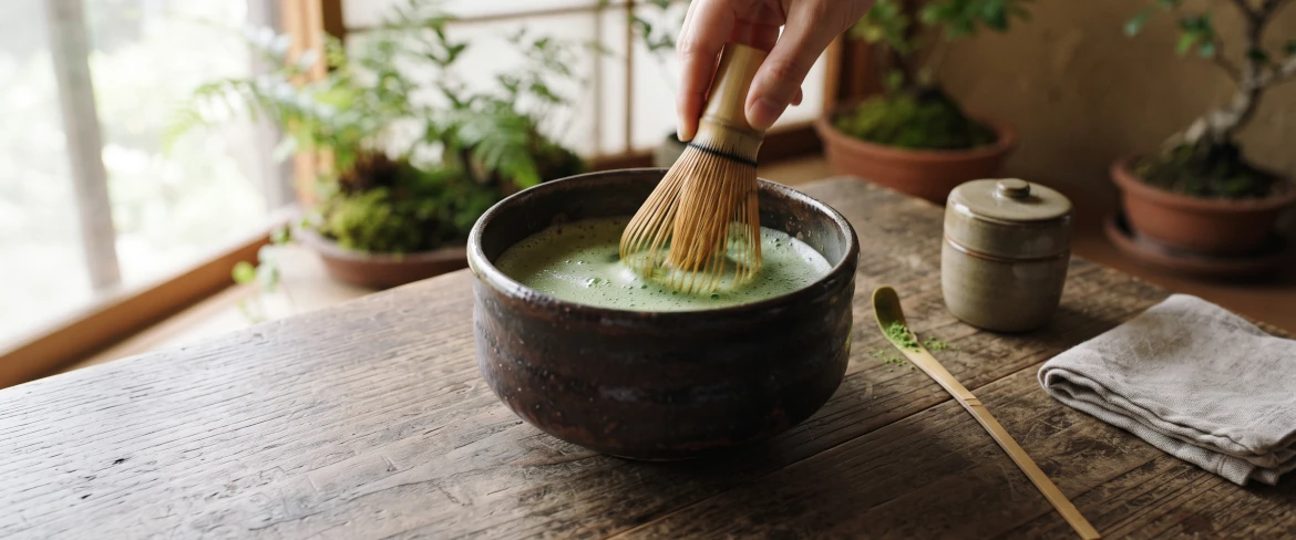 Traditionele bereiding van matcha in een donkere kom met een bamboe-chasen-klopper.
