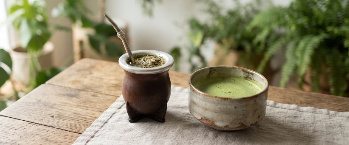 Een directe vergelijking tussen matcha en yerba mate: een mate-kalebas met een bombilla en een keramisch kopje met thee.