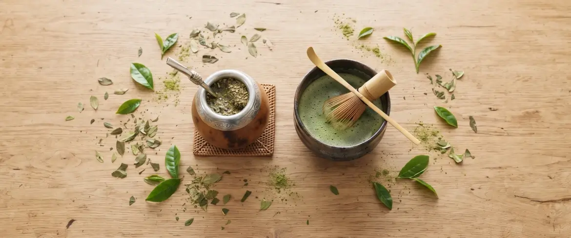 Bovenaanzicht van yerba mate en matcha: een houten mate-kalebas en een keramische kom, omringd door bladeren.