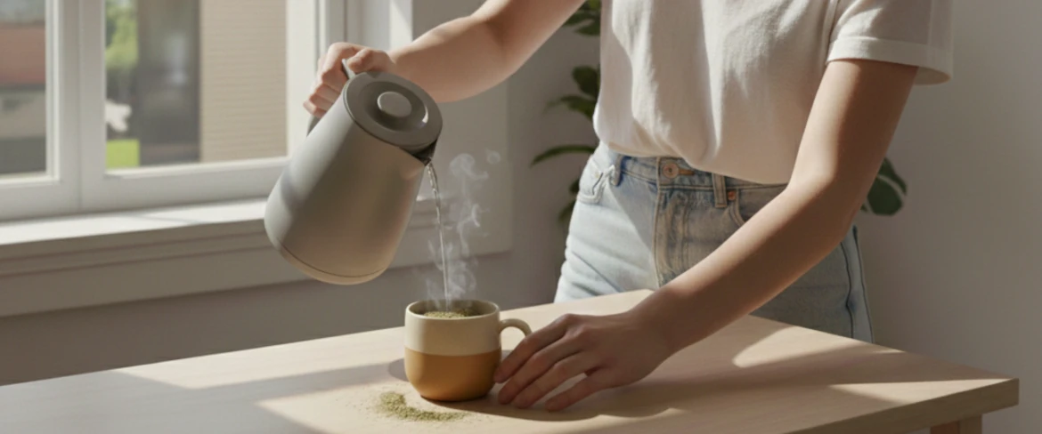 Hoe je yerba mate in een mok zet – heet water over de bladeren gieten
