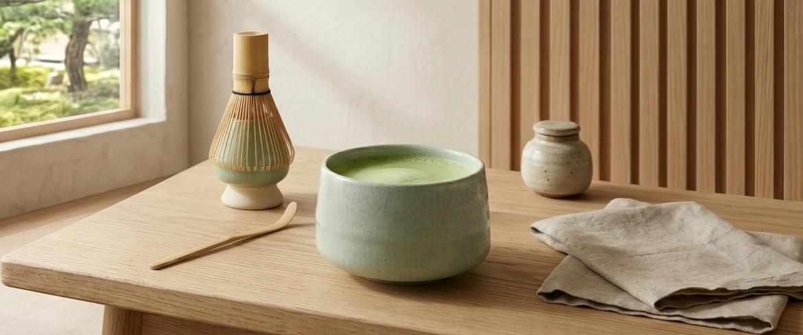 Matcha-thee in een matchawan-kom met een chasen-klopper – matcha-theeset