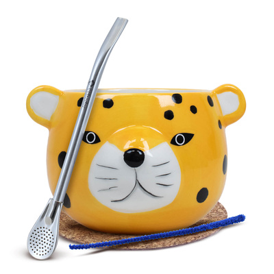 Yerba Mate Matero Kalebas Gatito Bombilla set