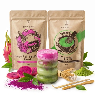 Set voor kleurrijke Matcha Latte: Matcha + Pink Matcha + accessoires
