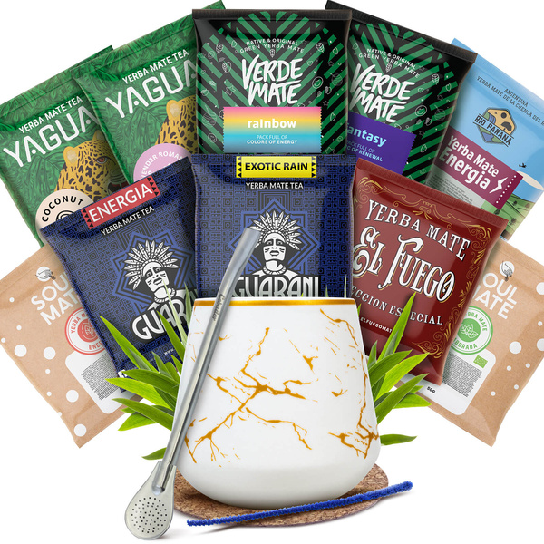 Yerba Mate-set: proefpakket 10x50g Kalebas + Bombilla