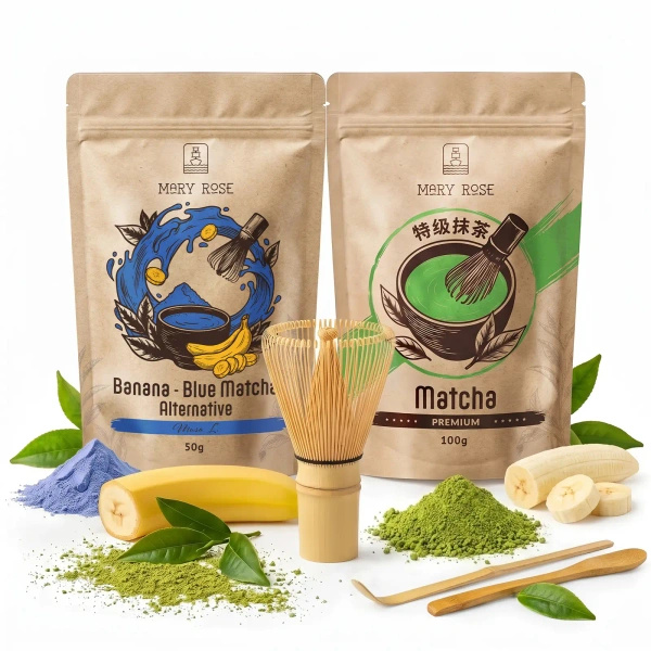 Set voor kleurrijke Matcha Latte: Matcha + Blue Matcha + accessoires
