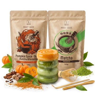 Set voor kleurrijke Matcha Latte: Matcha + Orange Matcha + accessoires