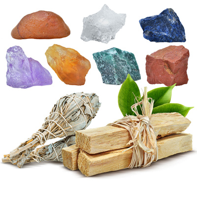 Set natuurstenen, kristallen en wieroken - esoterie, yoga, meditatie