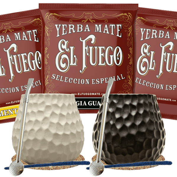 Yerba Mate-set voor twee: monsters El Fuego 3x50g + 2x Kalebas + 2x Bombilla