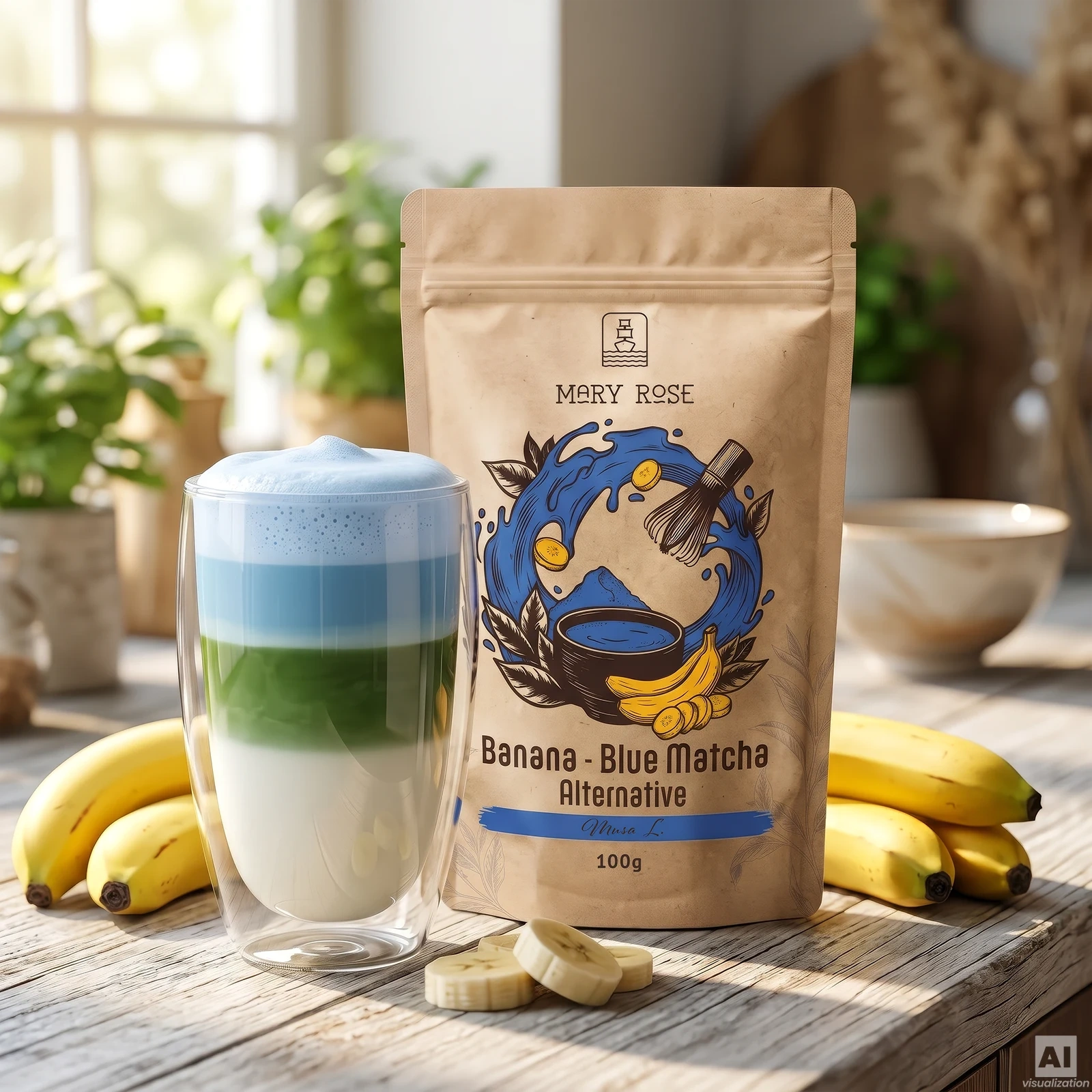 Blue Banana Matcha Latte in drie kleuren met Mary Rose Blue Matcha Alternative Banaan