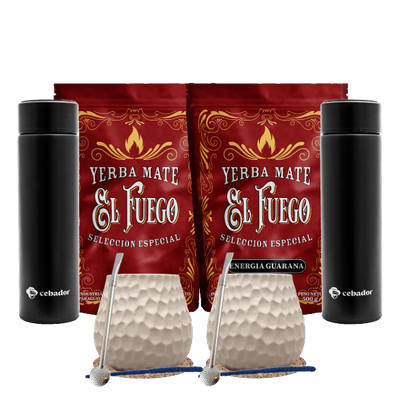 Yerba Mate-set voor twee: El Fuego 2x500g + 2x Thermos LED + 2x Kalebas + 2x Bombilla