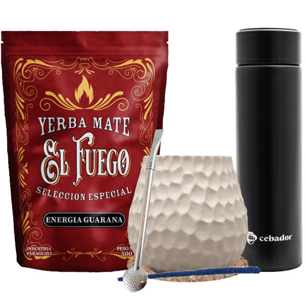 Yerba Mate-set: El Fuego 500g + Thermos LED + Kalebas + Bombilla