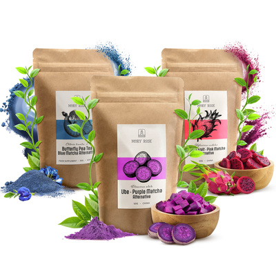 Set met kleurrijke matcha’s: Blue Matcha + Pink Matcha + Purple Matcha