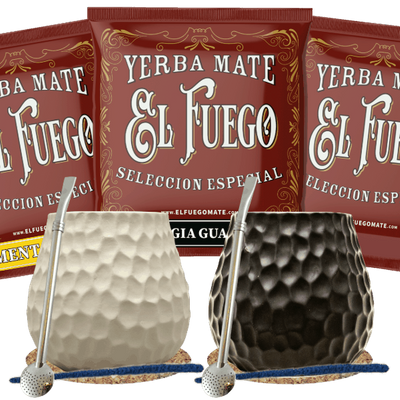 Yerba Mate-set voor twee: monsters El Fuego 3x50g + 2x Kalebas + 2x Bombilla