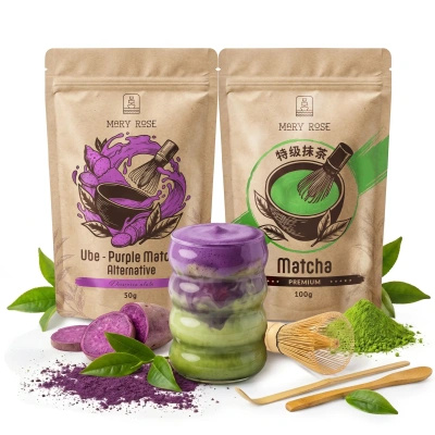 Set voor kleurrijke Matcha Latte: Matcha + Purple Matcha + accessoires
