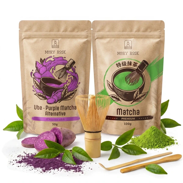 Set voor kleurrijke Matcha Latte: Matcha + Purple Matcha + accessoires