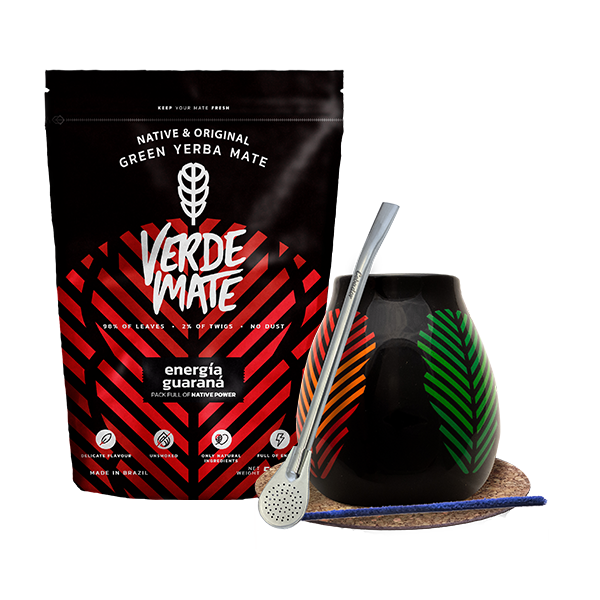 Yerba Mate-set: Verde Mate Energía Guaraná 500g + Kalebas + Bombilla