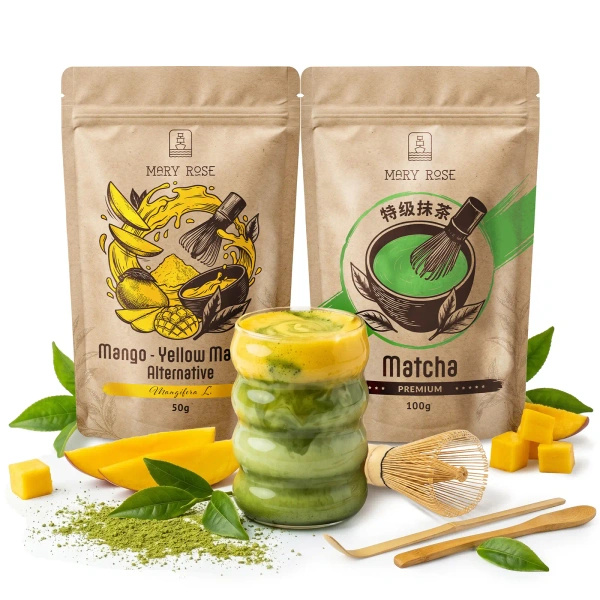 Set voor kleurrijke Matcha Latte: Matcha + Yellow Matcha + accessoires