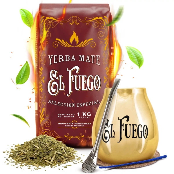 Yerba Mate-set: El Fuego Elaborada 1kg + Kalebas + Bombilla