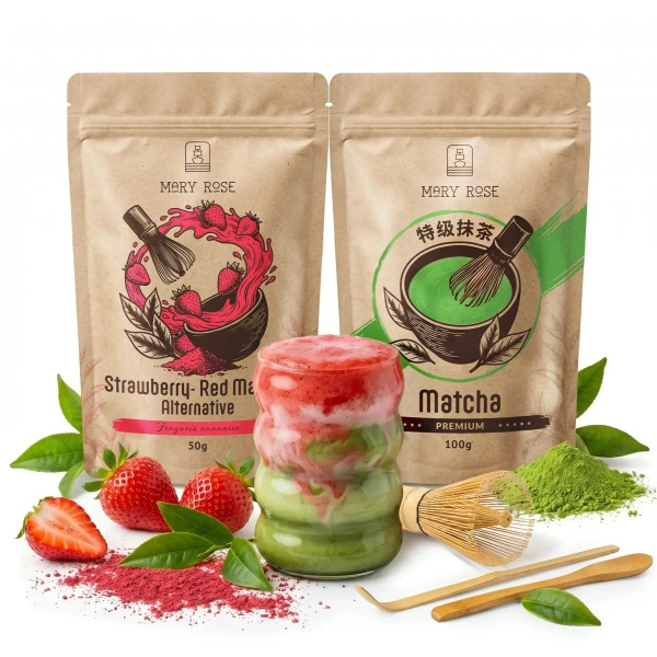 Set voor kleurrijke Matcha Latte: Matcha + Red Matcha + accessoires