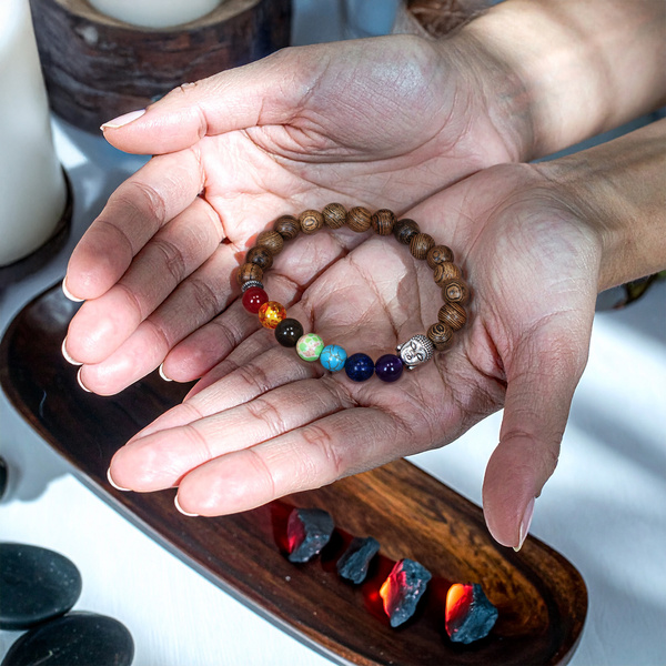 Armband "Zeven Chakra's" – wengehout en Boeddha