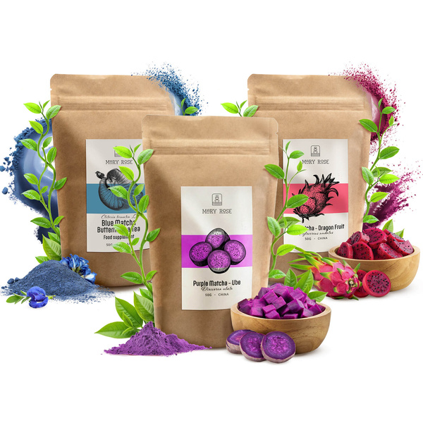 Set met kleurrijke matcha’s: Blue Matcha + Pink Matcha + Purple Matcha