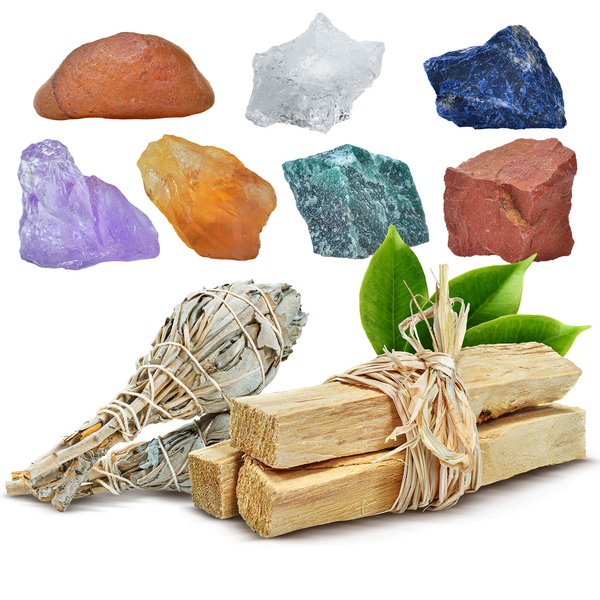 Set natuurstenen, kristallen en wieroken - esoterie, yoga, meditatie