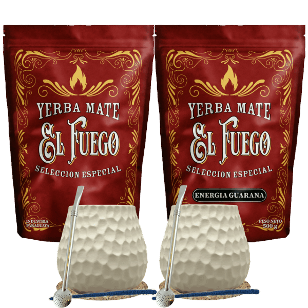 Startpakket voor twee personen Yerba Mate El Fuego 2×500 g + 2× Kalebas + 2× Bombilla