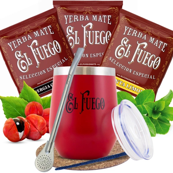 Yerba Mate El Fuego-set: proefpakket 3x50g + TermoLid + Bombilla