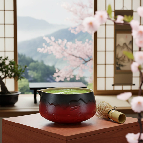 Matchawan – Keramische Matcha Kom met tuit – Mountain (rood)