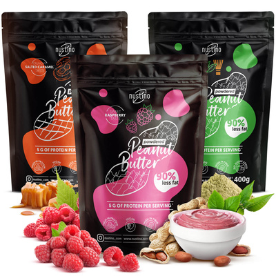 Set pindakaaspoeder Nustino: Raspberry + Salted Caramel + Matcha 3x400g