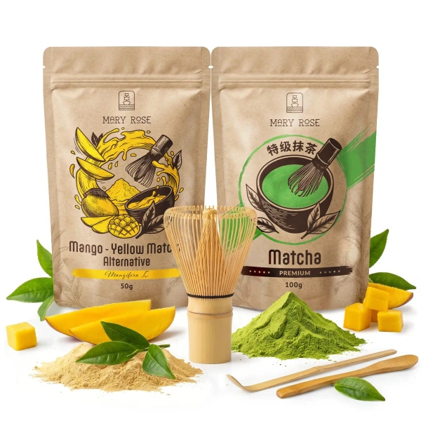 Set voor kleurrijke Matcha Latte: Matcha + Yellow Matcha + accessoires