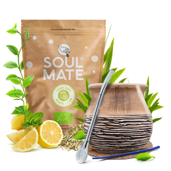 Yerba Mate Set Soul Mate Organica Menta Limon 500g 0,5kg Kalebas + Bombilla