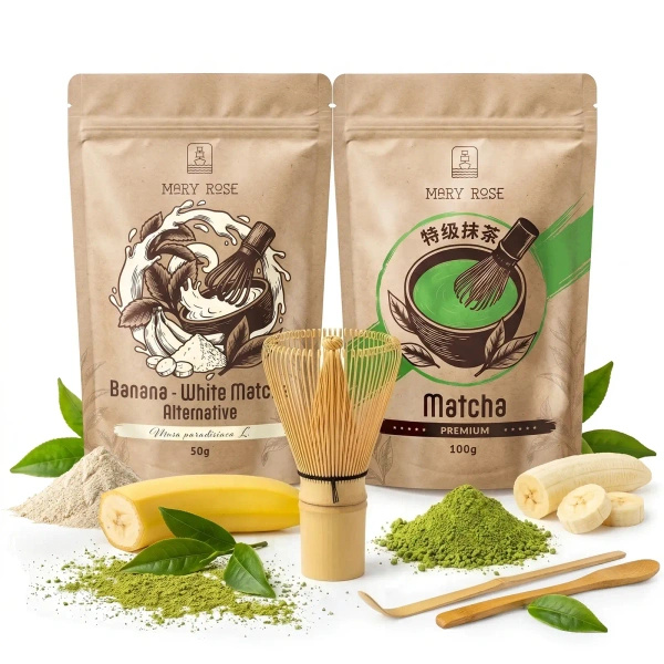 Set voor kleurrijke Matcha Latte: Matcha + White Matcha + accessoires
