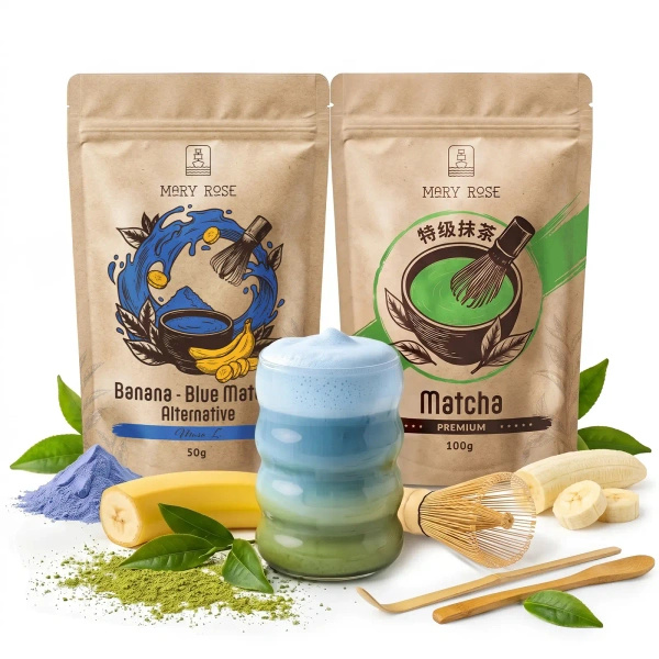 Set voor kleurrijke Matcha Latte: Matcha + Blue Matcha + accessoires