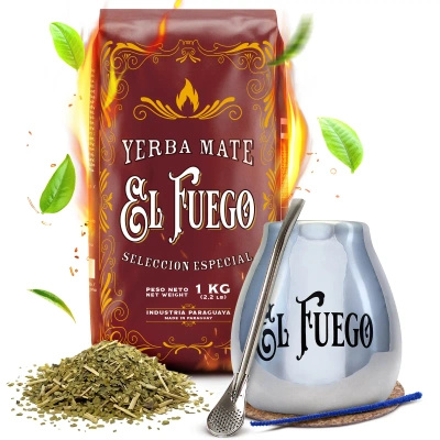 Yerba Mate-set: El Fuego Elaborada 1kg + Kalebas + Bombilla