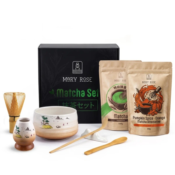 Cadeauset voor kleurrijke Matcha Latte: Matcha + Orange Matcha + accessoires