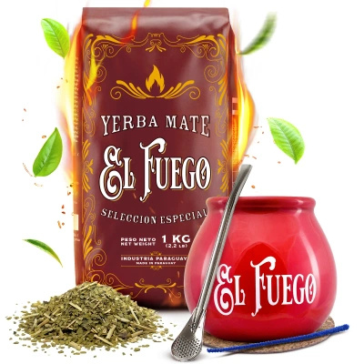 Yerba Mate-set: El Fuego Elaborada 1kg + Kalebas + Bombilla