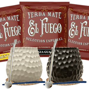 Yerba Mate-set voor twee: monsters El Fuego 3x50g + 2x Kalebas + 2x Bombilla