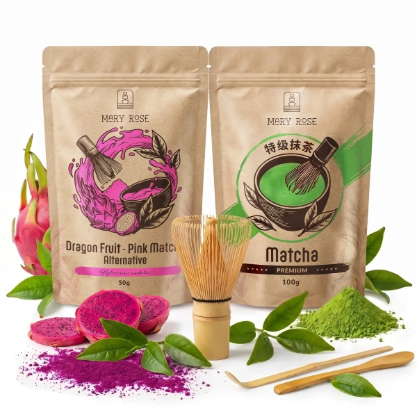 Set voor kleurrijke Matcha Latte: Matcha + Pink Matcha + accessoires