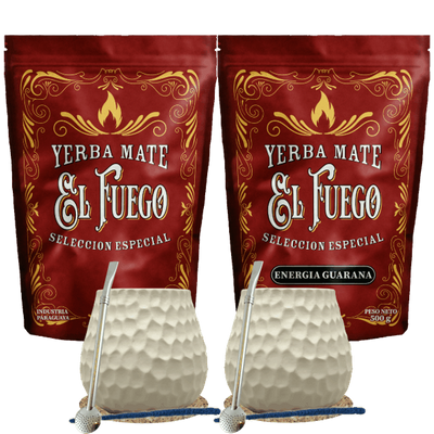 Startpakket voor twee personen Yerba Mate El Fuego 2×500 g + 2× Kalebas + 2× Bombilla