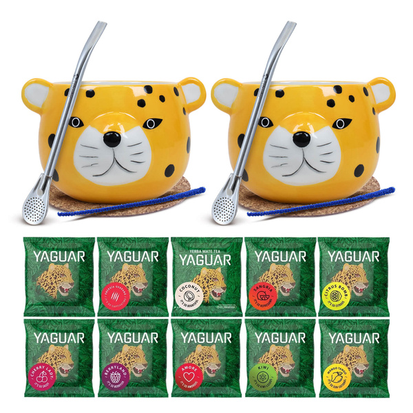 Yerba Mate-set voor Twee: monsters Yaguar 10x50g + 2x Kalebas + 2x Bombilla